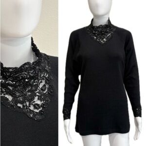 Kenar Black Beaded Lambswool Tunic Sweater Size Large Embellished Mock Neck